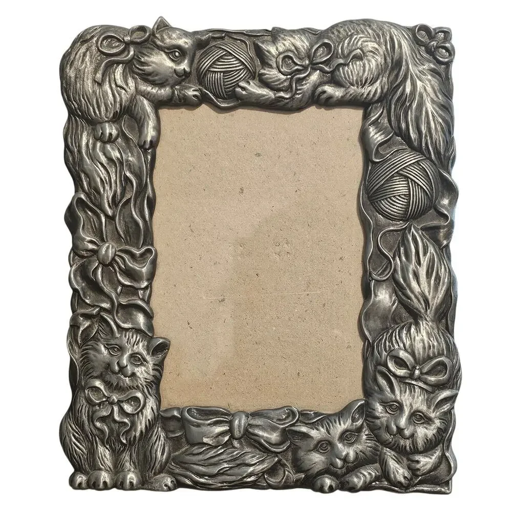 Vintage Pewter Cat Picture Frame MCM Classic Collectible Kitty Kittens Retro 80s